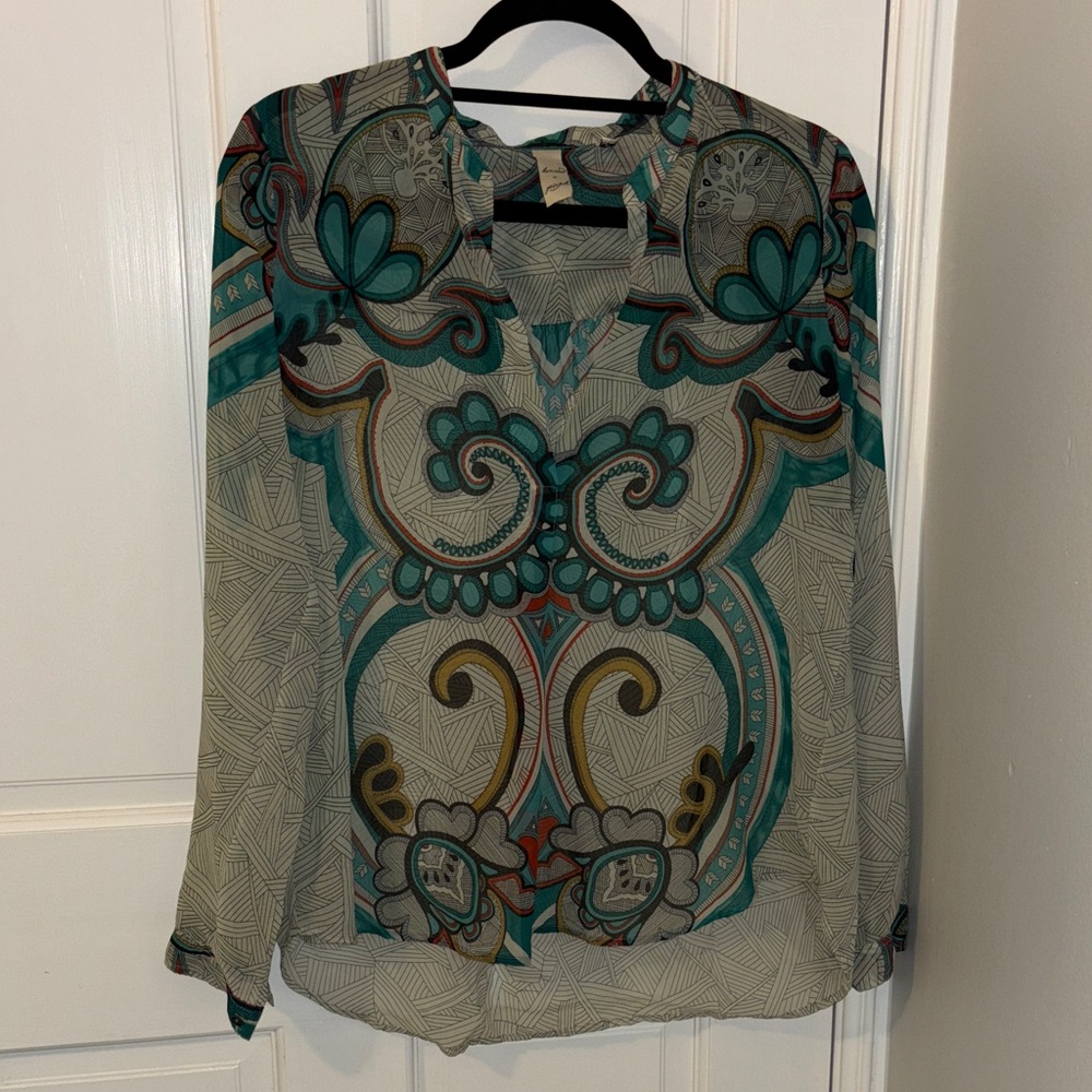 Elegant Teal and Orange Patterned Blouse